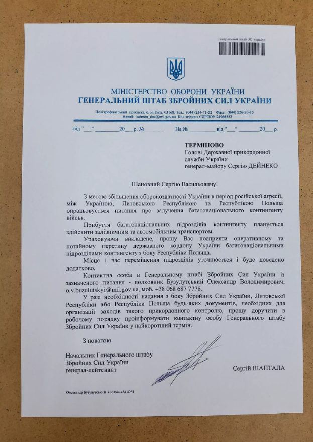 list szefa Sztabu Generalnego Ukrainy 